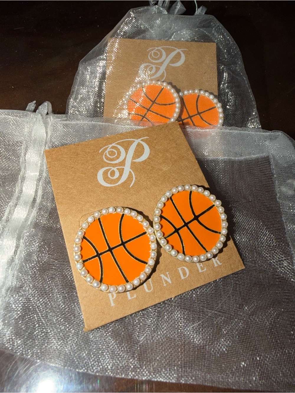 Plunder Orange Basketball Pearl-Trim Stud Earrings - perfect for bb moms! - Picture 2 of 3